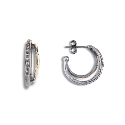 Billede af By Birdie Bouvier Small ørecreoler sort rhodineret sølv m.14kt m. ialt 0,20 ct diamanter