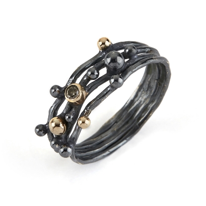 Billede af By Birdie Urban Harlem Buds-4 ring sort rhodineret sølv m.14kt m. 0,05 ct brillant str. 57