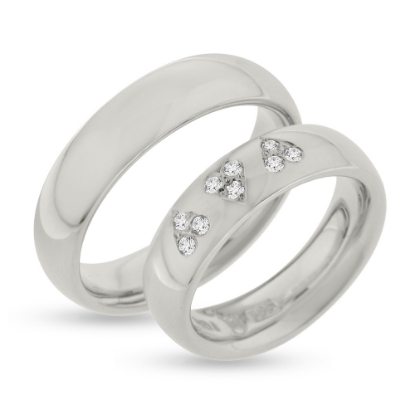 Billede af Vielses & Forlovelses ringe, damer. 3 hjerter med 3 brill. a 0,015 w/vs. fattet i hjerter 14 kt. hvg.