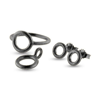 Billede af Sølv oxyd Smykkesæt Circles 11 mm., Ring, Vedh. & Ørestik, 925s (overflade sand)
