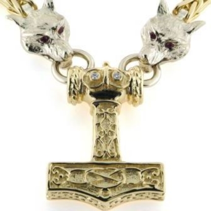 Vis detaljer for Halskæde med thorshammer og 2 ulvehoveder 14 kt. Billede af Halskæde med thorshammer og 2 ulvehoveder 14 kt.