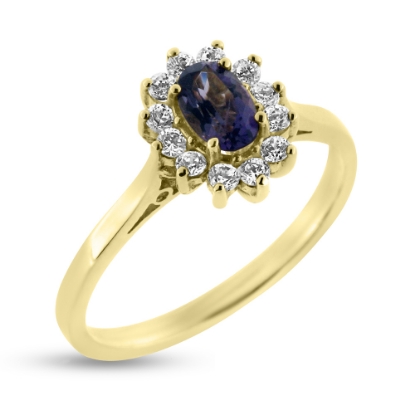 Billede af Rosetring med fac. ametyst 6*4 mm. & 12 * syn. zirk. a 1,75 mm. 14 kt.