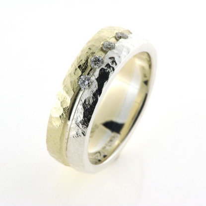 Billede af Ring 2 farvet guld og sølv + fattet med 4 brill. a 0,05 w/vs. 14 kt. + sølv