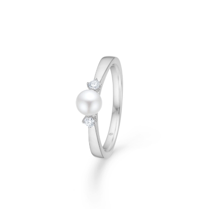 Billede af Mads Z "Crown Trinity w. Pearl" ring 14 kt. hvidguld m. kulturperle + 0,08 ct. diamanter (str. 50-60)

