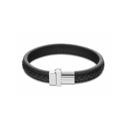 Billede af Tommy Hilfiger armbånd flettet sort læder m. magnetisk stållås 21,5 cm