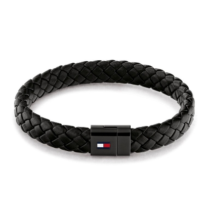 Billede af Tommy Hilfiger flettet armbånd sort læder stållås 21cm