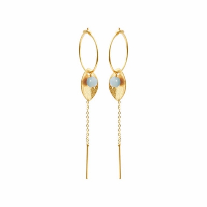 Billede af Susanne Friis Bjørner Creol Ørering sølv forgyldt, blad, kæde og en aquamarine 4mm