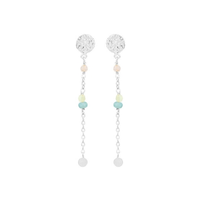 Billede af Susanne Friis Bjørner Ørering sølv hamret overflade med kæde med rosenkvarts, lys grøn serpentin og amazonit