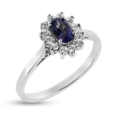 Billede af Rosetring med ægte fac. safir 6*4 mm. & 12 * brill. a 0,02 w/vs. 14 kt. hvg.