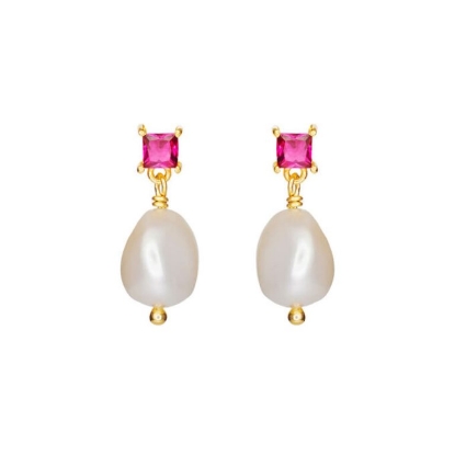 Billede af Susanne Friis Bjørner ørestikker forgyldt sølv m. ferskvandsperle og pink cz.