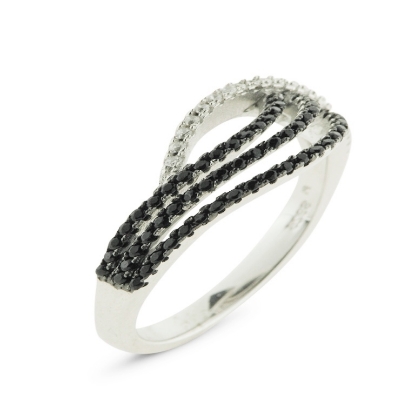 Billede af By Pind ring  sølv rhd. med syn.zir  sorte og hvide  str. 57