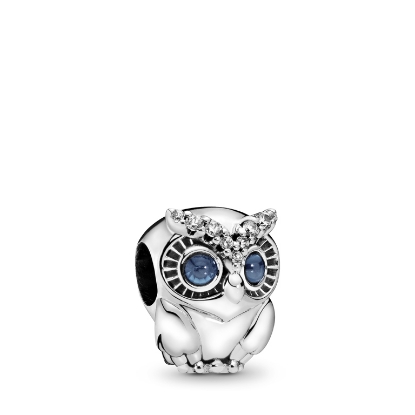 Billede af Pandora Sparkling Owl sølv charm m. blå krystal og klar cz 