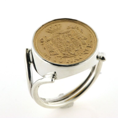 Billede af Ring sølv med guldmønt, Dansk 10 krone, ring i 925s sølv