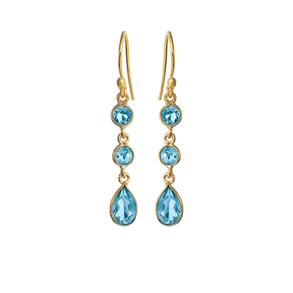 Billede af Susanne Friis Bjørner Ørering sølv forgyldt 3 små vedhæng af facet blå topas