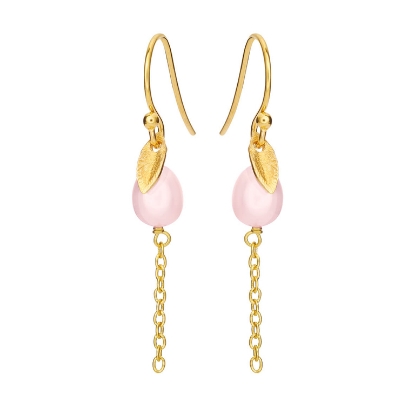 Billede af Susanne Friis Bjørner Ørering sølv forgyldt med lille blad og lyserød ferskvandsperle på kæde