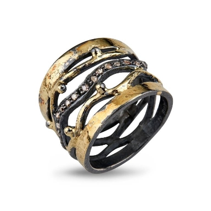 Billede af By Birdie Benedict Golden ring sort rhodineret sølv m.18kt og 0,06 ct diamant (str. 52-60)