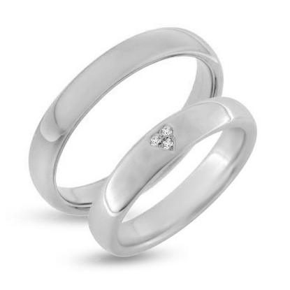 Billede af Vielses & Forlovelses ringe, 3* 0,01 w/vs., fattet i hjertefacon i damering 14 kt. hvg.