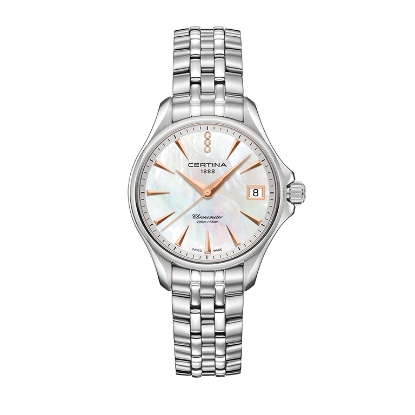 Billede af Certina DS Action dameur, stållænke, perlemor skive, dato, safirglas, 0,007 ct, 34 mm