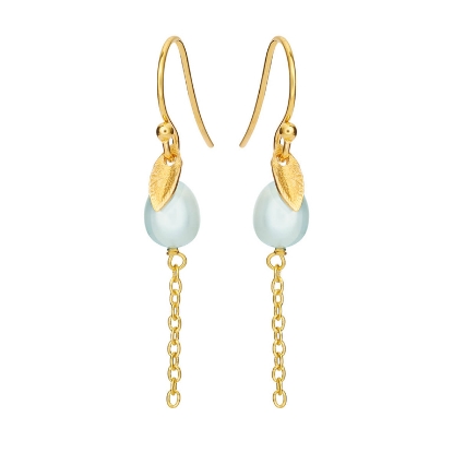 Billede af Susanne Friis Bjørner Ørering sølv forgyldt med lille blad og turkis ferskvandsperle på kæde