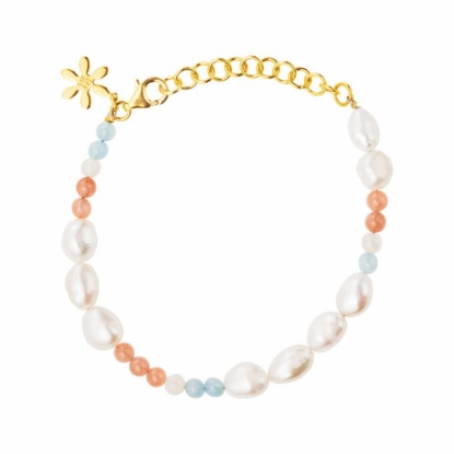 Billede af Susanne Friis Bjørner Armbånd sølv forgyldt med akvamarin, hvid månesten, fersken månesten, hvid ferskvandsperle i 16-20 cm