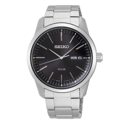 Billede af Seiko Solar herreur stål lænke sort skive 40mm safirglas dato 10ATM