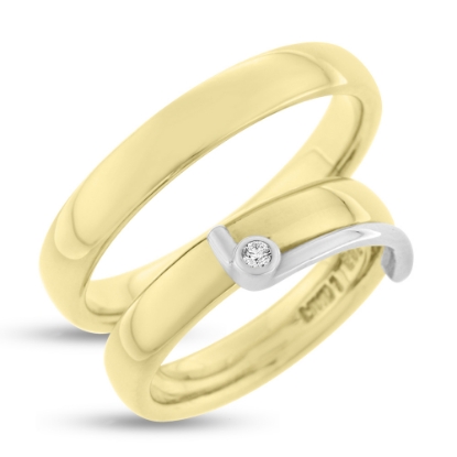 Billede af Viel. & Forl. ringe, påloddet pynt hvg. på d-ring med brill. 0,03 w/vs. 14 kt. + 14 kt. hvg.