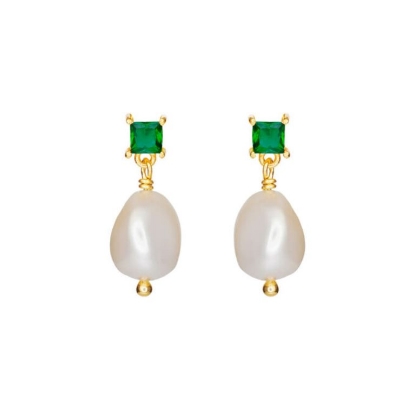 Billede af Susanne Friis Bjørner ørestikker forgyldt sølv m. ferskvandsperle og grøn cz.