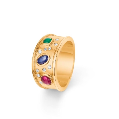 Billede af Mads Z 14 kt. ring "King" m. safir, rubin, smaragd samt 0,129 ct. brillianter (str. 50-60)