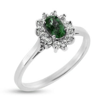 Billede af Rosetring med ægte fac. smaragd 6*4 mm. & 12 * brill. a 0,02 w/vs. 14 kt. hvg.