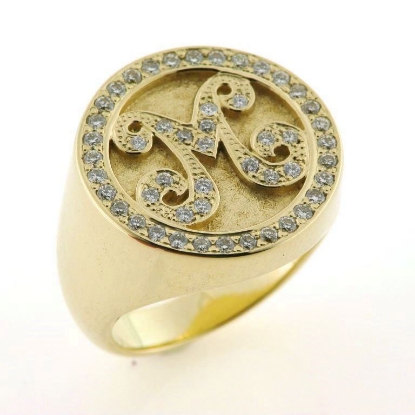 Billede af Ring, signetring massiv, bogstav med 49 brillanter 14 kt. guld