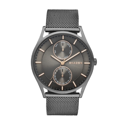 Billede af Skagen Designs Herreur, stål, mørk skive m/rosa index 40 mm., kronograf, mesh lænke 