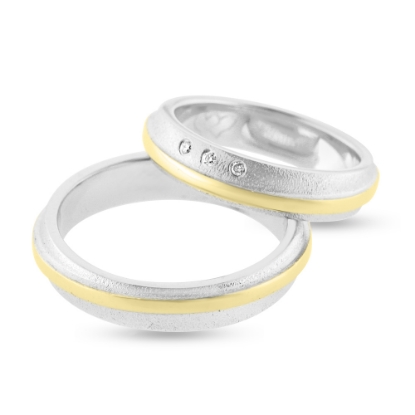 Billede af Vielses & Forl. ringe, 3 brill. a 0,01 w/vs., ringe i 14 kt. hvg + bånd i 14 kt. gul