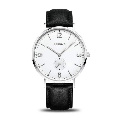 Billede af Bering Classic herreur stål sort læderrem hvid skive 40mm safirglas