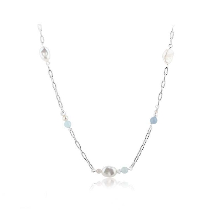Billede af Aqua Dulce Sky Blue Pearl Chain halskæde sølv m. fvp (42 + 3 cm)