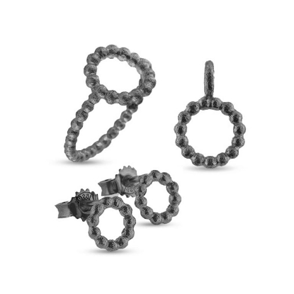 Billede af Smykkesæt Circles, kugletråd 11 mm. i oxideret sølv, Ring, Vedh. & Ørestik (8mm)