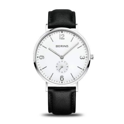 Billede af Bering Classic herreur stål sort læderrem hvid skive 40mm safirglas