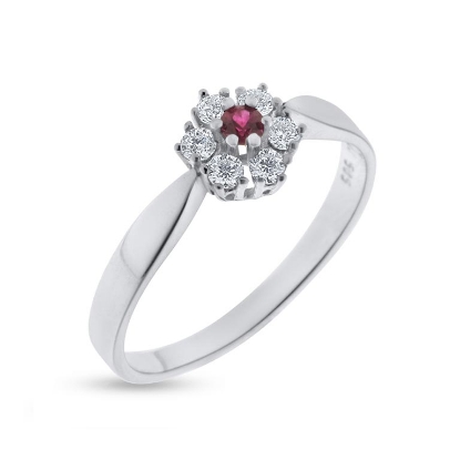 Billede af Rosetring 14kt hvg 1* rubin 2,5mm + 6* brill. á 0,03 ct w/vs