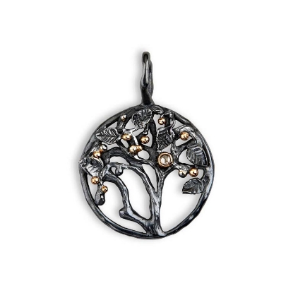 Billede af By Birdie Tree of Life Large vedhæng sort rhodineret sølv m.14kt. 0,05 ct brill