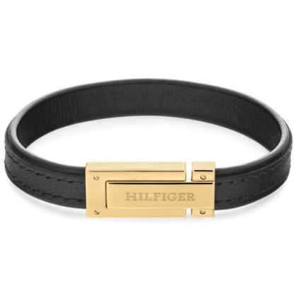 Billede af Tommy Hilfiger Flat armbånd sort læder stållås (22 cm)