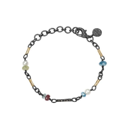 Billede af By Birdie Jacquline Stone & Pearl armbånd sort rhodineret sølv (17 - 20,5 cm)