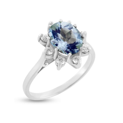 Billede af Rosetring med ægte fac. akvamarin 10*8 mm. & 8 * brill. a 0,05 w/vs. 14 kt. hvg.