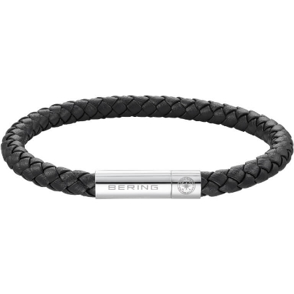Billede af Bering Arctic Symphony sort læderarmbånd poleret stål (180-200mm)