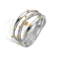 Billede af By Birdie Lotus Trio Plain ring sølv + 14 kt. guld m. brillant (str. 57)