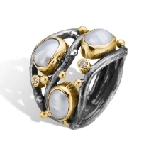 Billede af By Birdie Kepler White Keshi Pearl ring sølv + 14 kt. guld m. perler og brillant (str. 52)