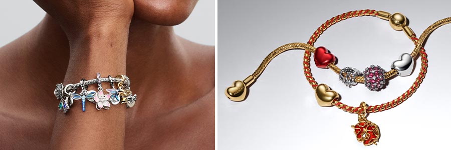 Forskellige PANDORA Moments armbånd med charms på