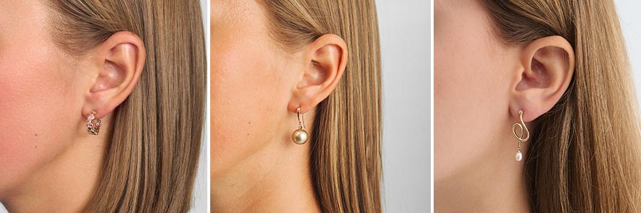 Mads Z øreringe. Luxury Rainbow creol, Chloé Mist og Caia øreringe i guld.
