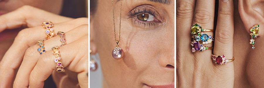 Luxury Rainbow ringene, Chloé vedhæng med perle og four seasons ringene med spring øreringe